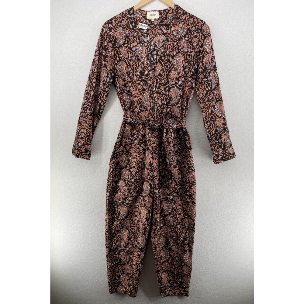 POLDER Jumpsuit 36 Southwestern Half Button Tapered Tie Belted Cotton Black